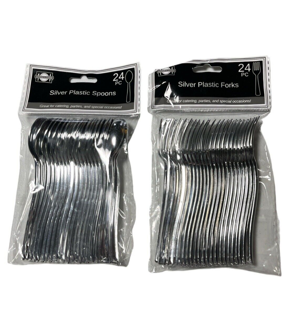 Silver Disposable Mini Plastic Forks Spoons Cutlery Appetizer Tasting 4.5" 48